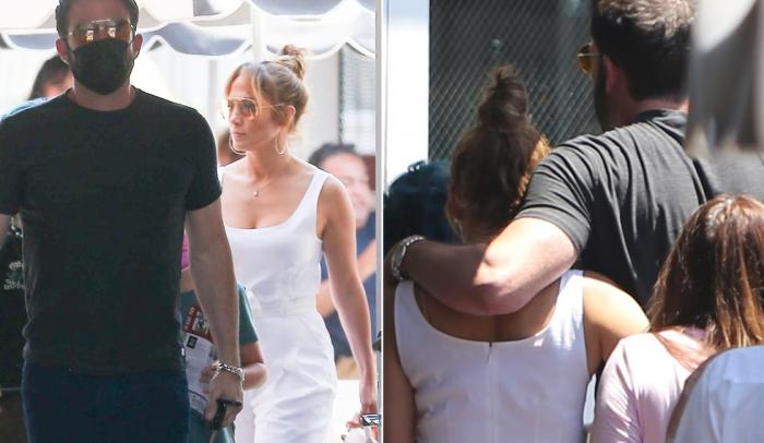 Jennifer Lopez e Ben Affleck andam abraçadinhos em almoço com os filhos