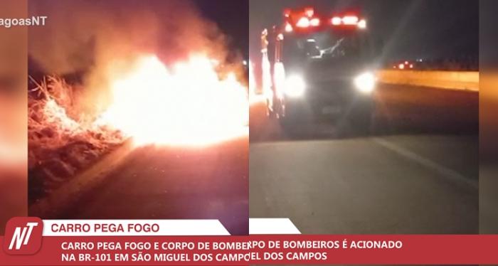 VÍDEO: Carro pega fogo e Corpo de Bombeiros é acionado na BR-101 em São Miguel dos Campos